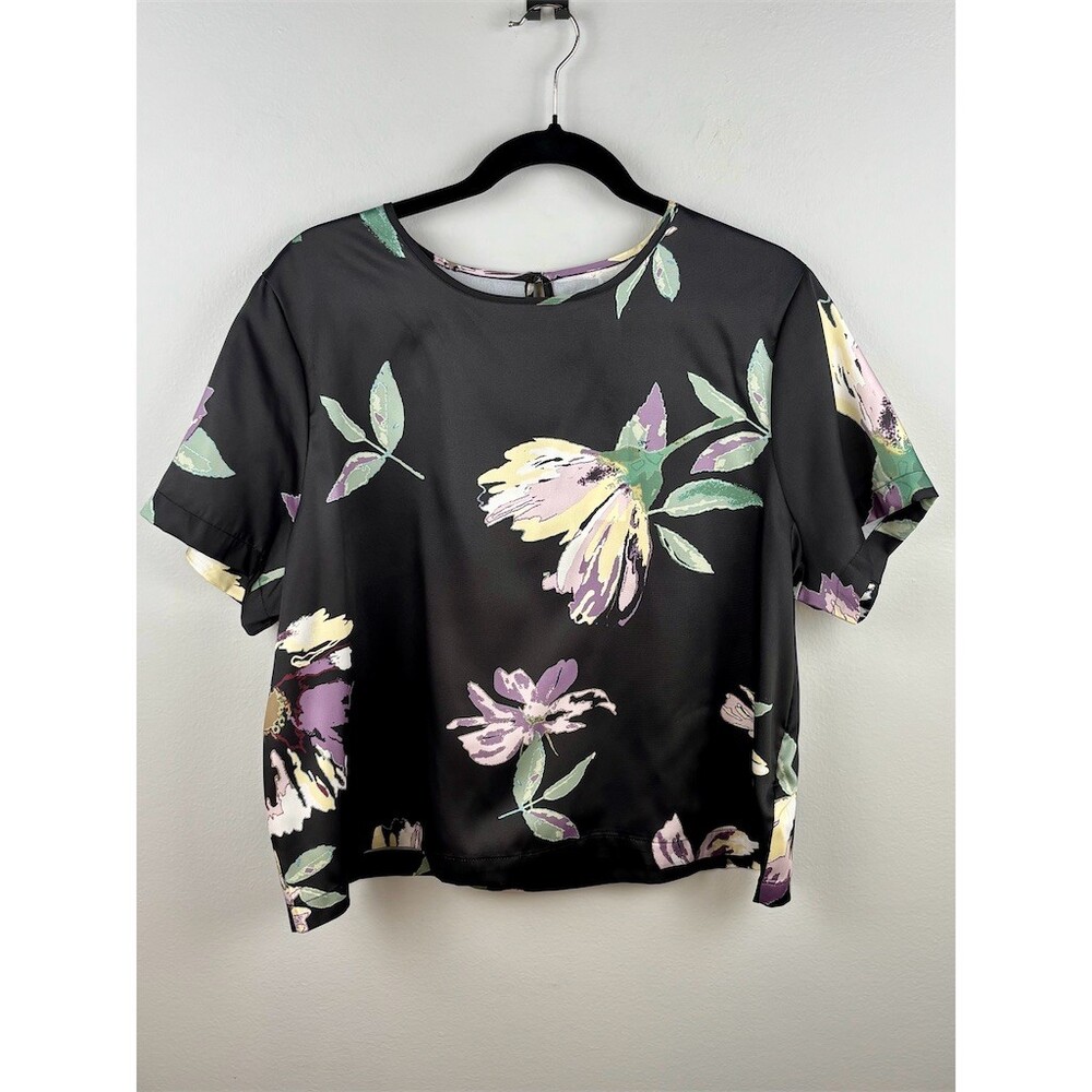 The Drop Blouse Womens Size L Floral Black Purple Green Short Sleeve